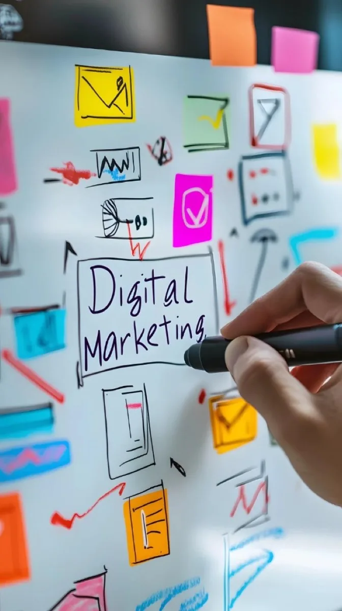 Digital marketing planning on a glass surface with strategy sketches and sticky notes