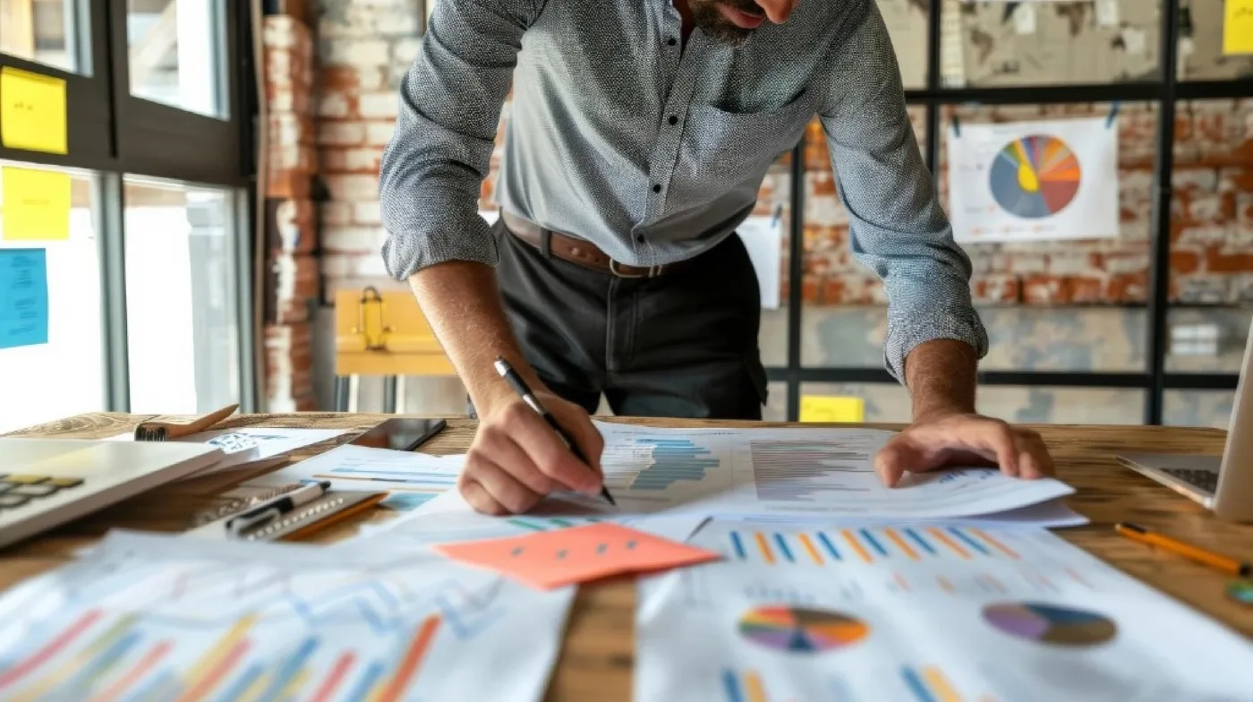 Marketing expert analyses data reports and charts for data-driven decisions
