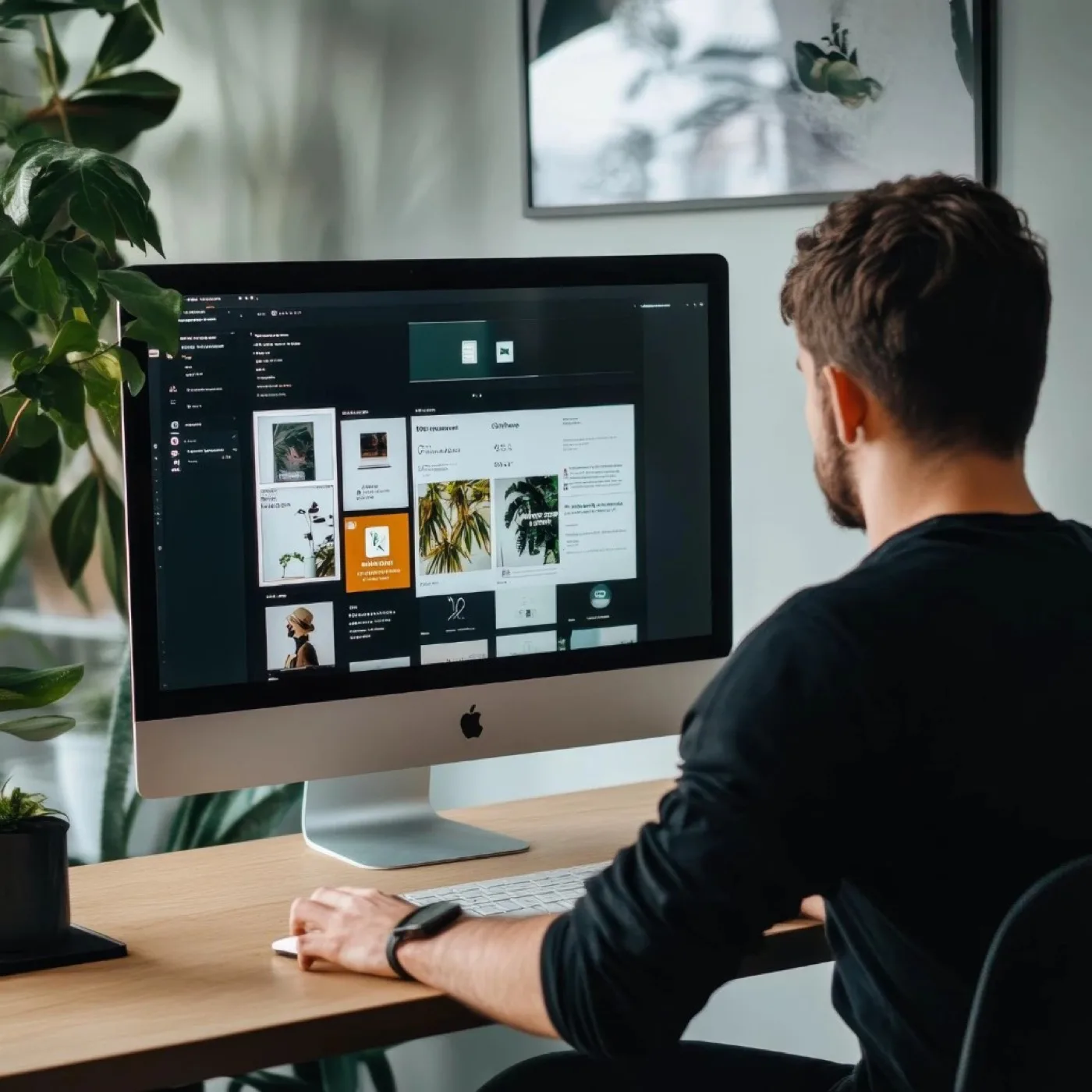 Web designer working on a website on an iMac in a bright office with houseplants