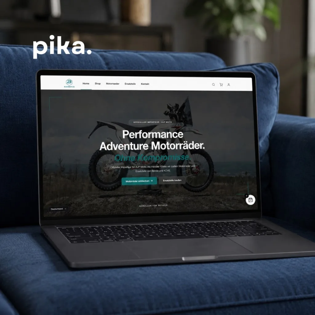 Blackmoto e-commercewebsite op een laptop — motorshop voor AJP Moto, Benda en KOVE door Pika Marketing