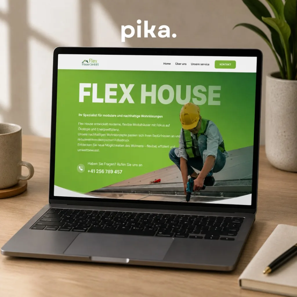 Flex House website on a laptop — modular and sustainable living solutions by Pika Marketing