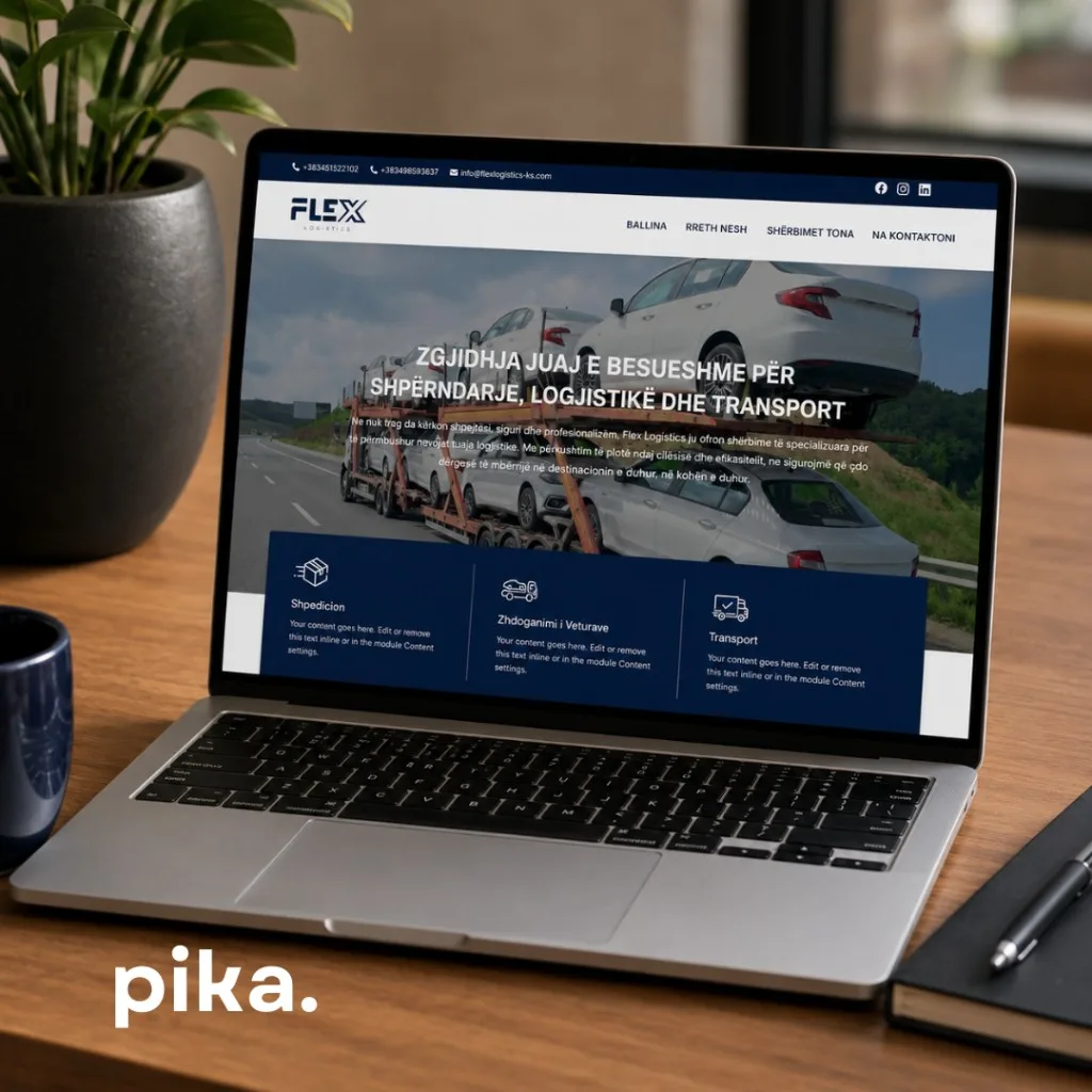 Flex Logistics website on a laptop — logistics, transport, and customs by Pika Marketing