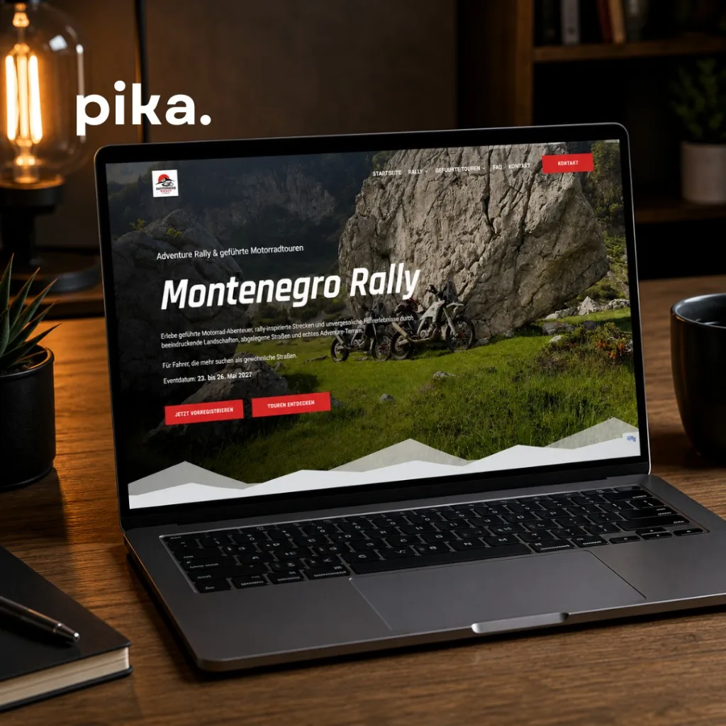 Montenegro Rally eventwebsite op een laptop — adventure rally en motortours door Pika Marketing