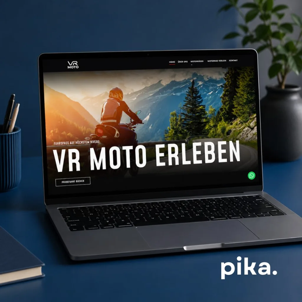 VR Moto-website op een laptop — motorverkoop en verhuur in Oostenrijk door Pika Marketing